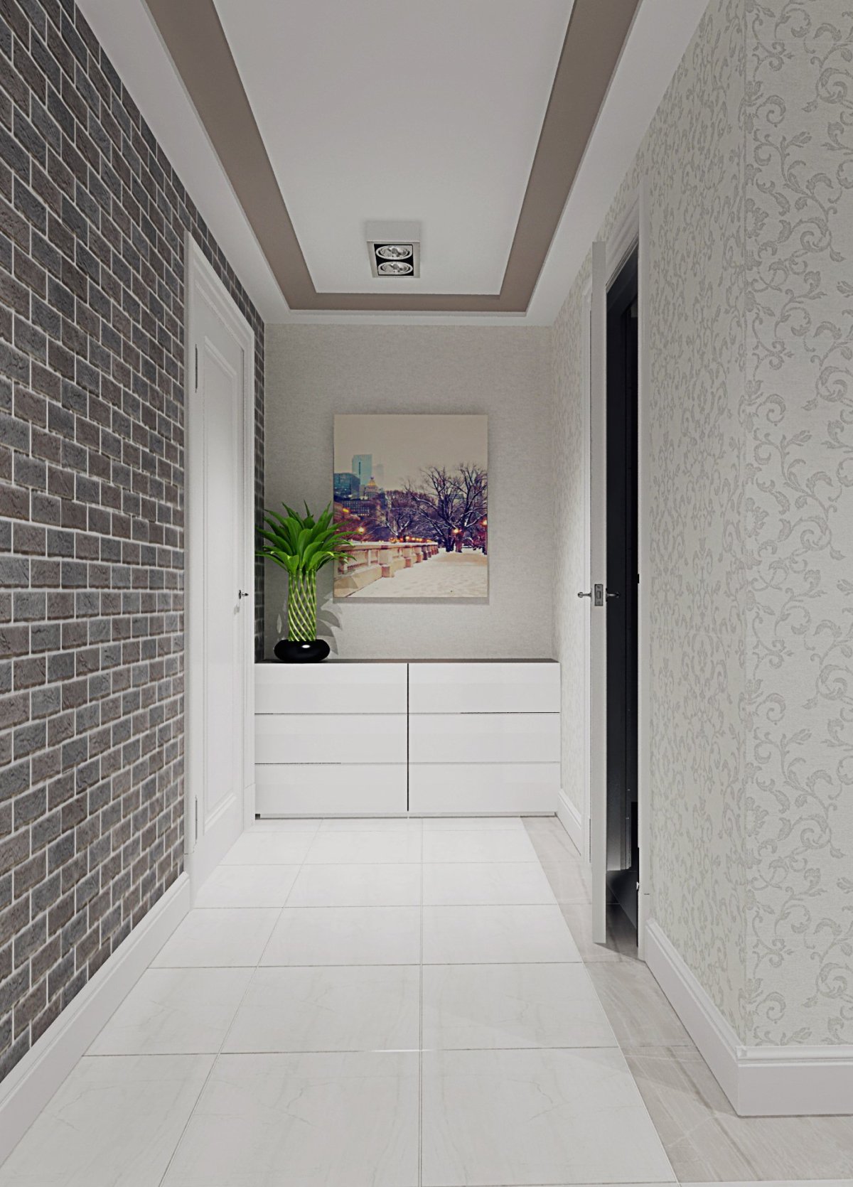 Светлая плитка в коридоре и на кухне