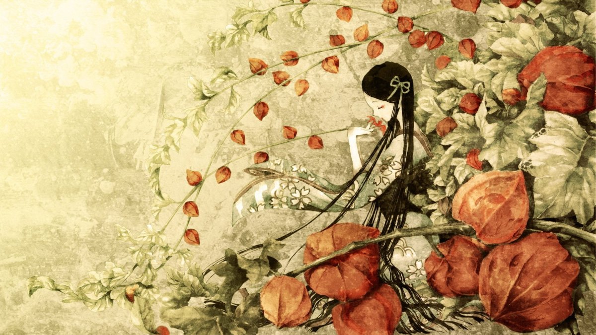 Японская гравюра.цветы.физалис