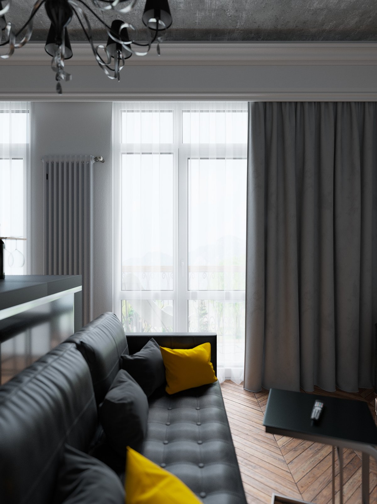 Серые шторы в интерьере гостиной