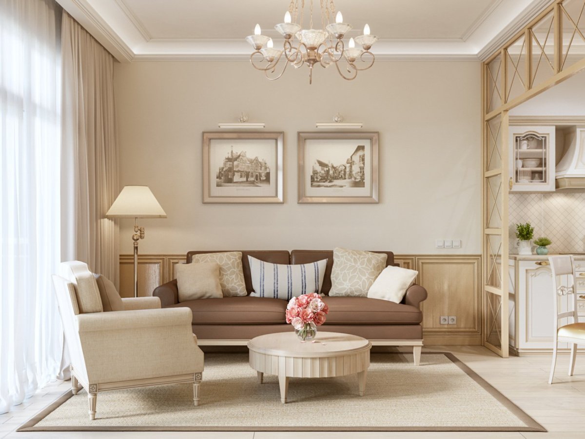 Кухня гостиная в бело бежевых тонах