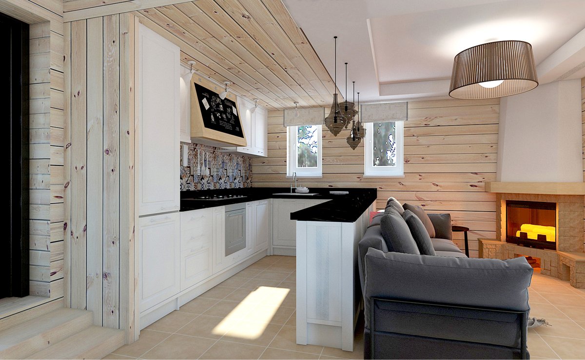 Интерьер столовой гостиной в деревянном доме