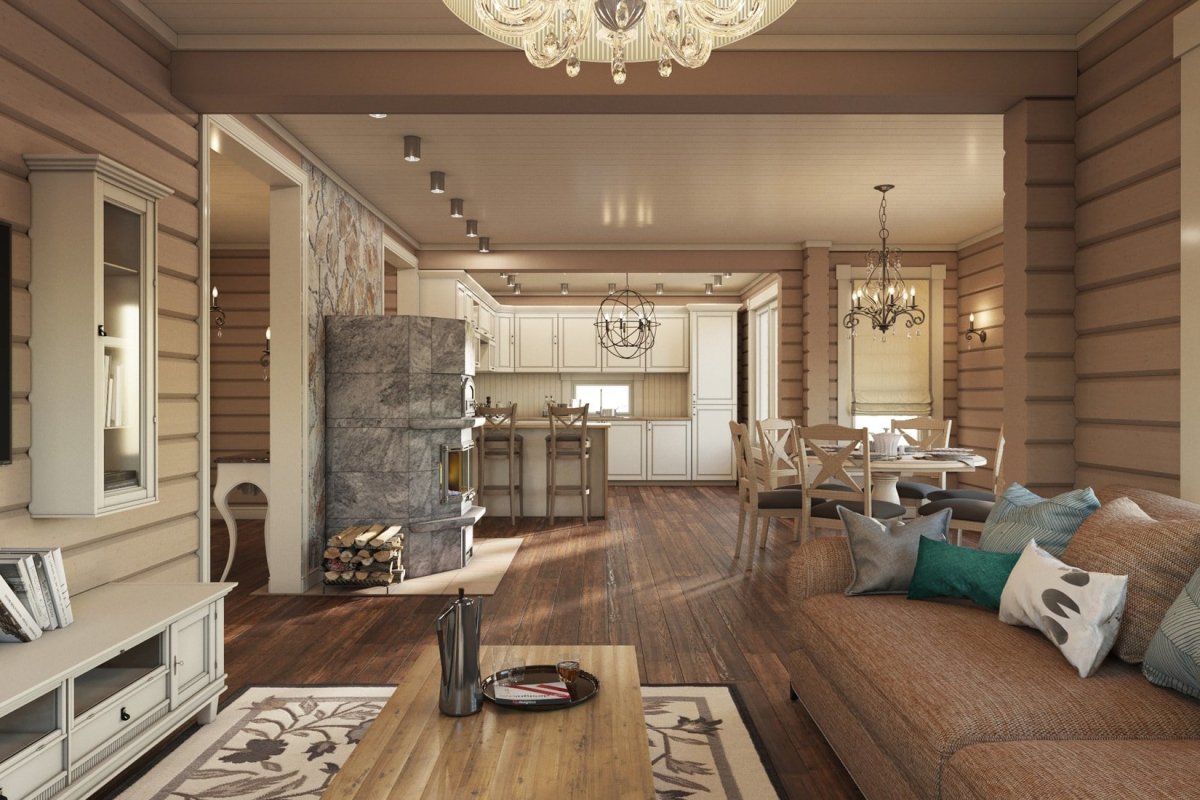 Гостиные с кухней в доме из клееного бруса