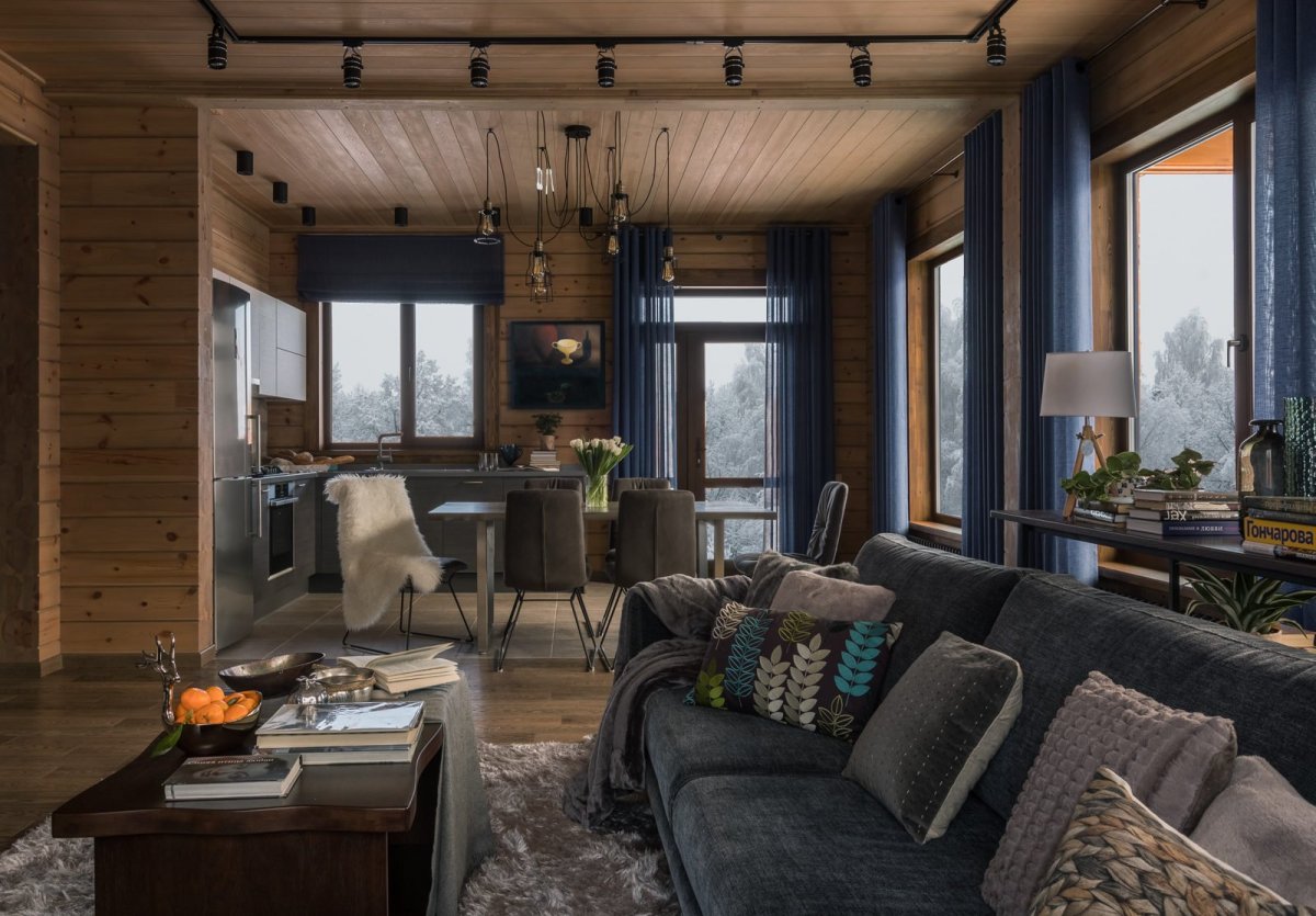 Дизайн кухня студия в брусовом доме Красном цвете