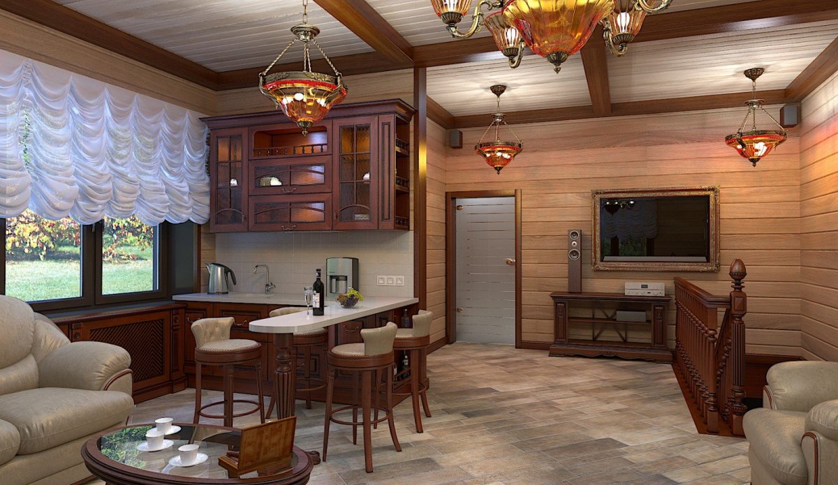 Дом из оцилиндрованного бревна интерьер кухня гостиная