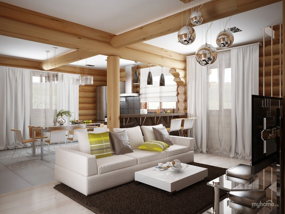 Дома из бруса интерьер гостинные и кухни