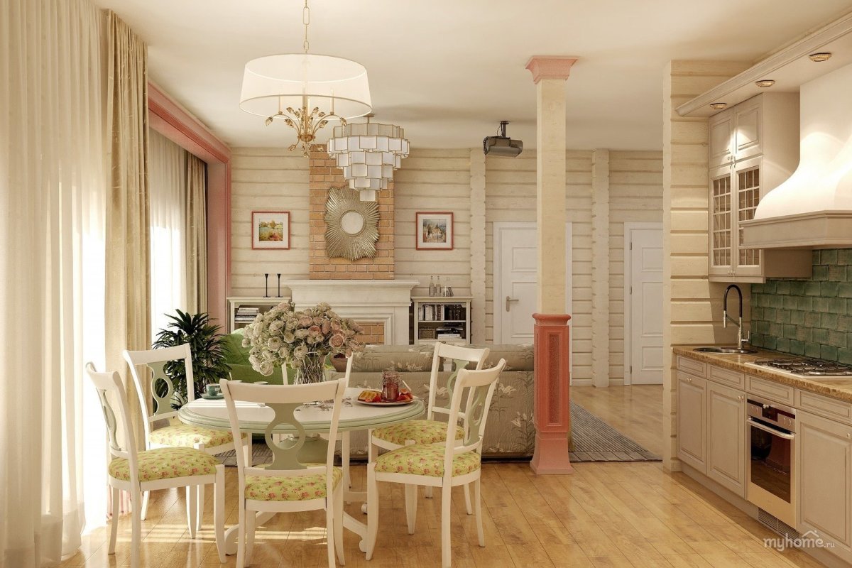 Кухня-гостиная в деревянном доме