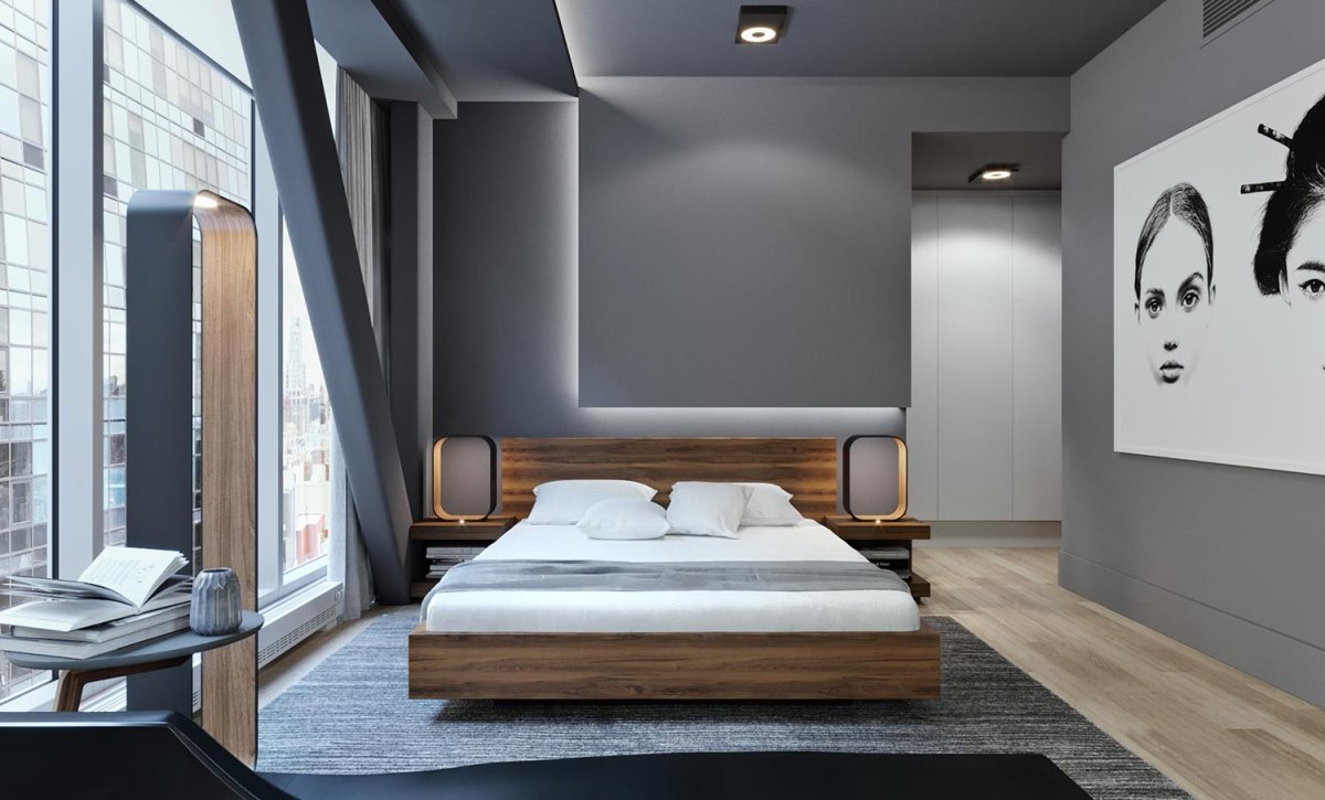 Спальня в светлых тонах с рабочим местом Минимализм