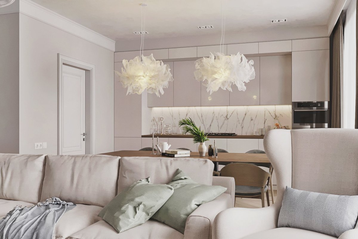 Интерьер кухни-гостиной в светлых тонах 2021