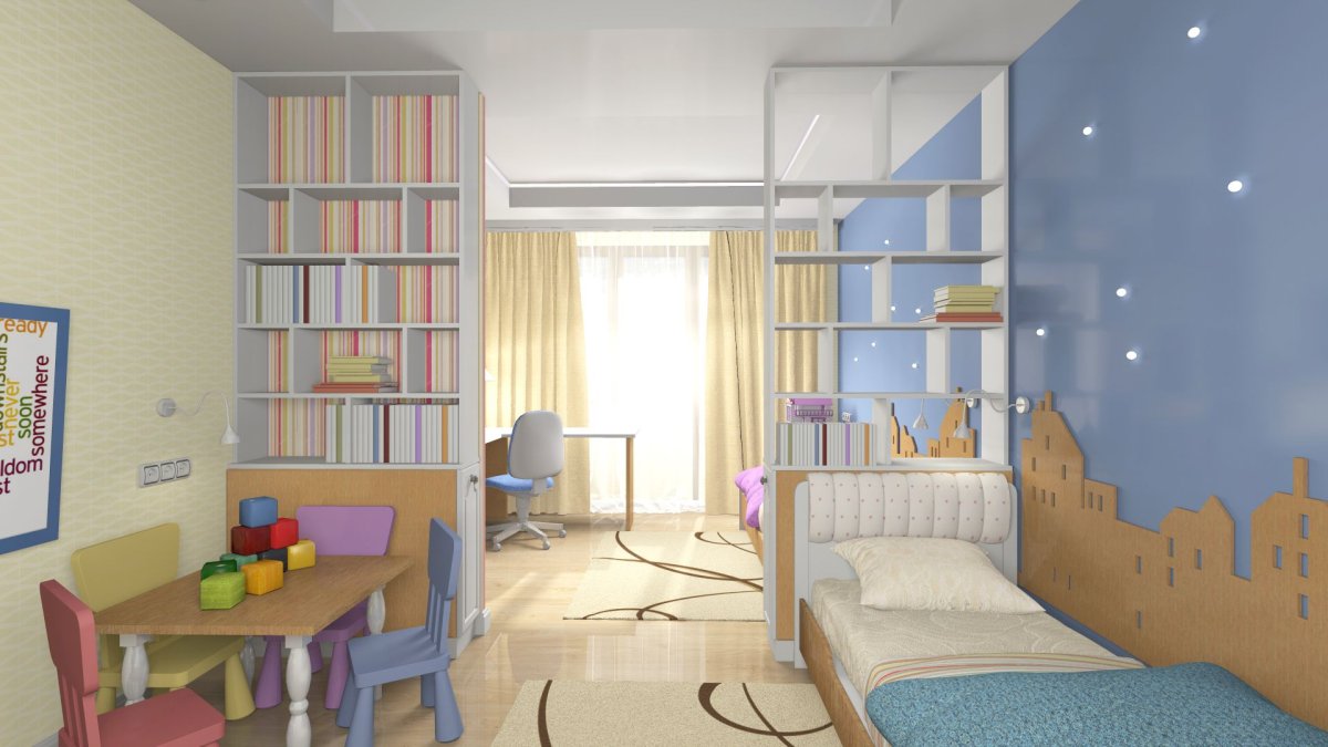 Зонирование детской комнаты для двоих разнополых детей