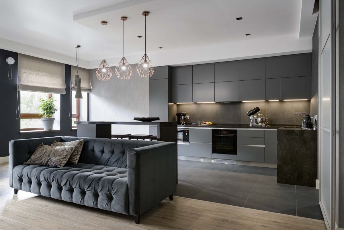 Кухня гостиная в серых тонах