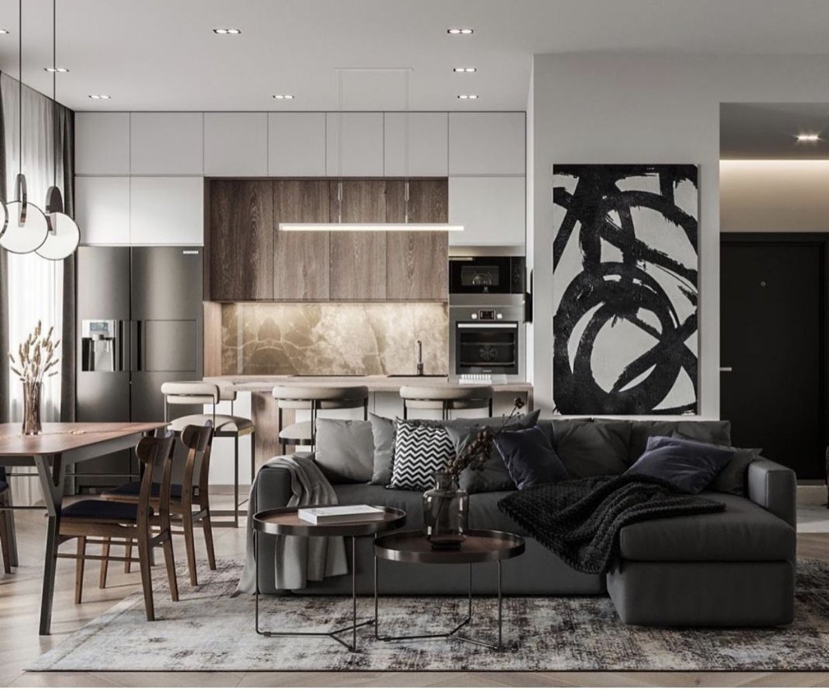 Кухня гостиная в серых тонах