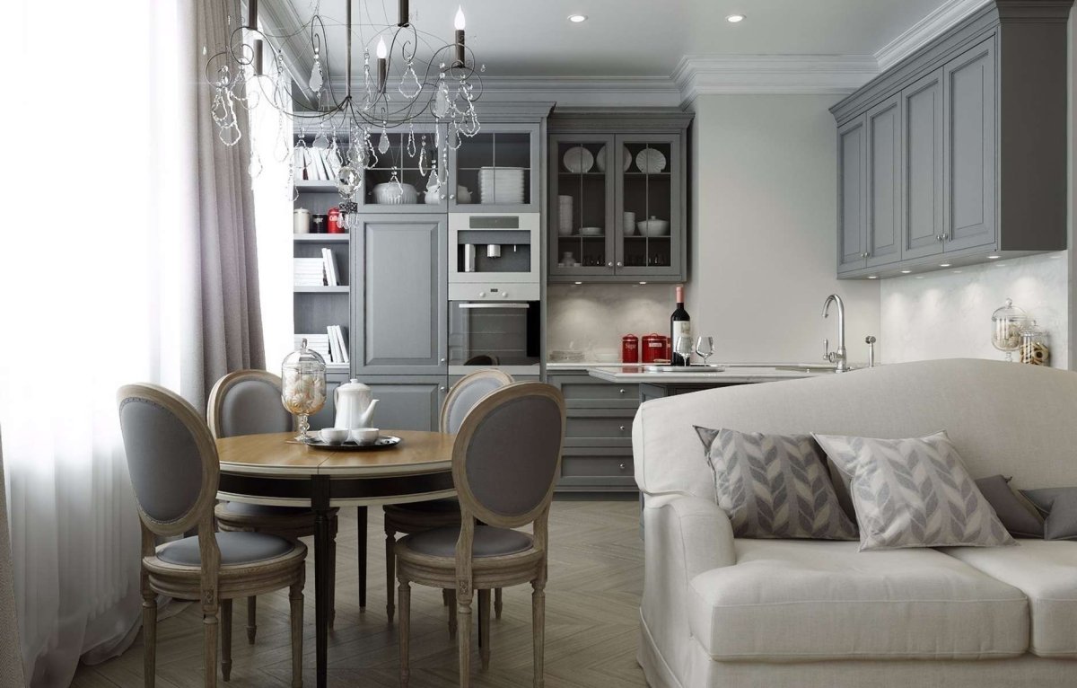 Кухня гостиная в серых тонах