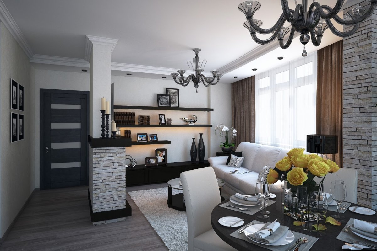 Кухня гостиная в серо синих тонах