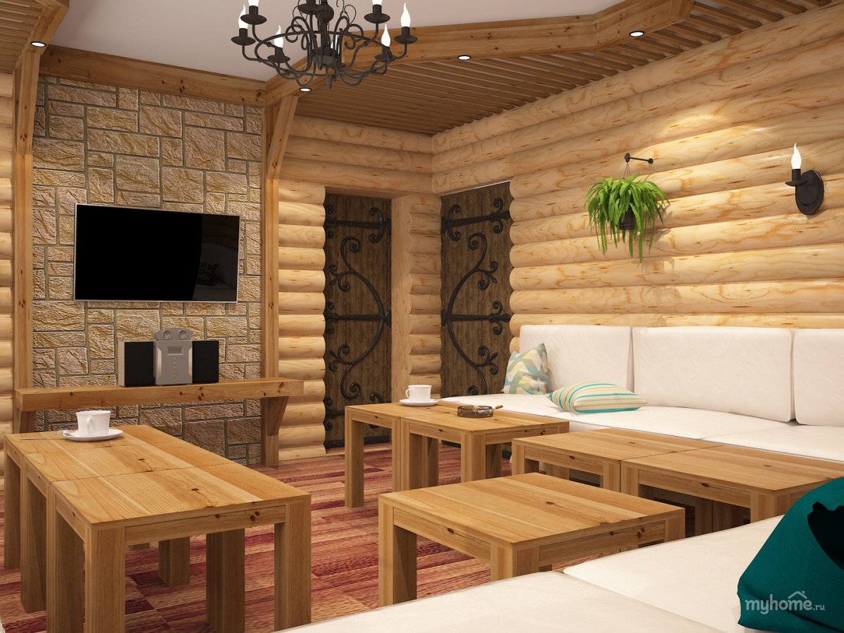 Комната отдыха в бане интерьер с камином для шашлыка