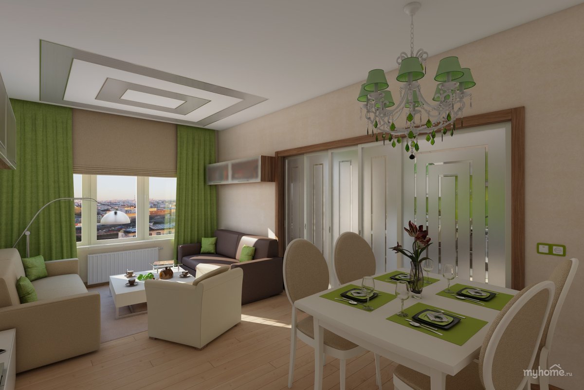 Кухня гостиная в зелено бежевых тонах