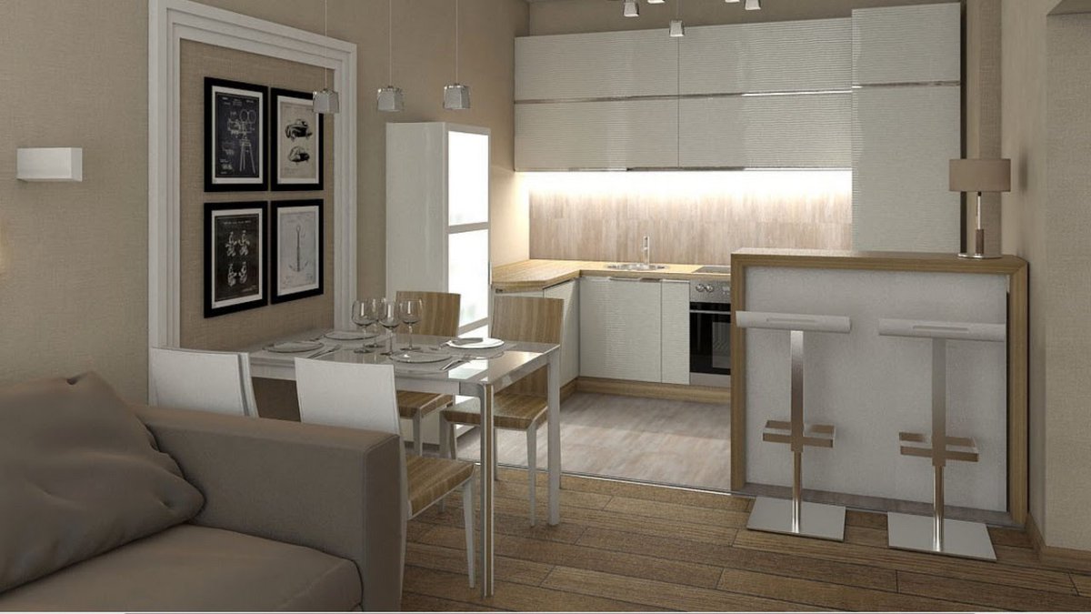 Кухня-гостиная 15 кв.м с раздвижными дверями