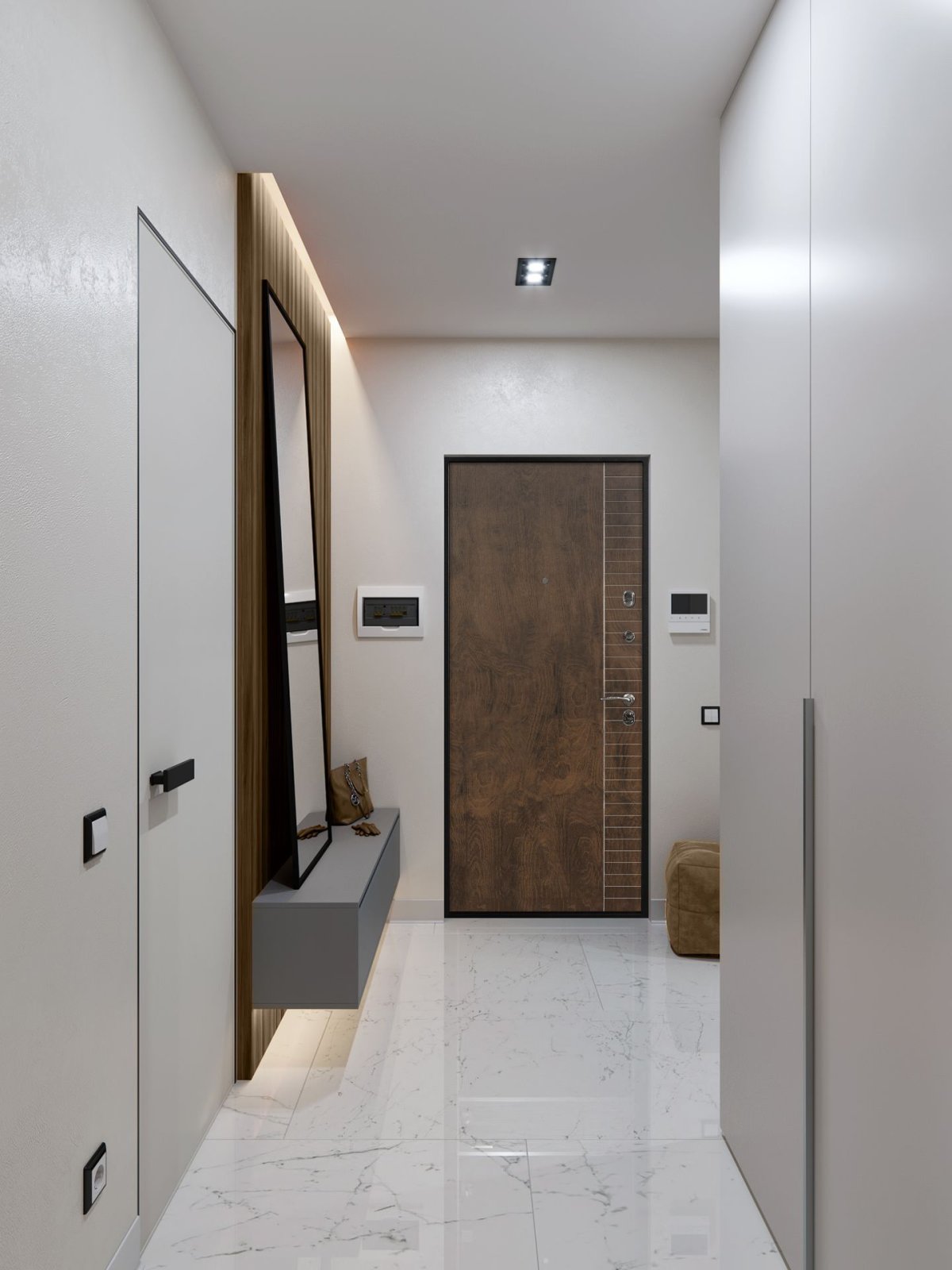 Светлая входная дверь в интерьере прихожей