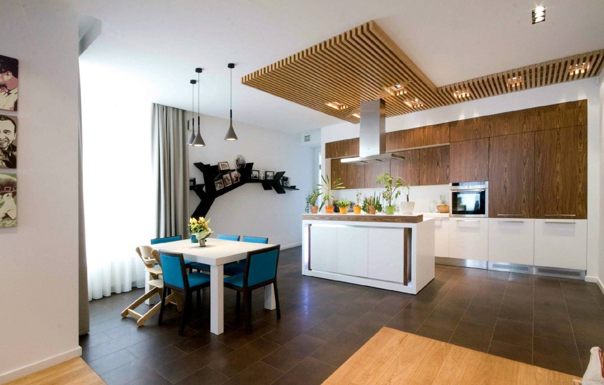 Кухня гостиная в современном стиле с деревом