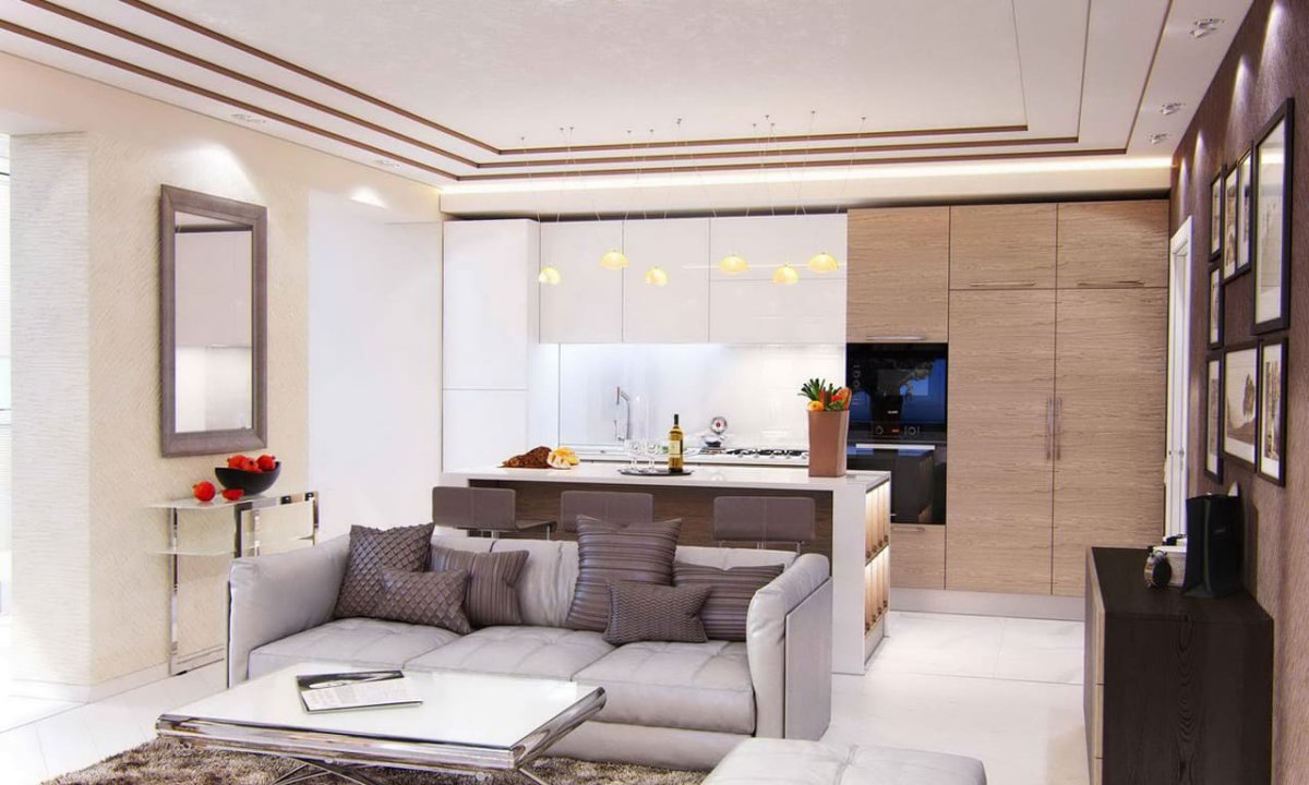 Гостиная с кухней 30 кв.м квадратная