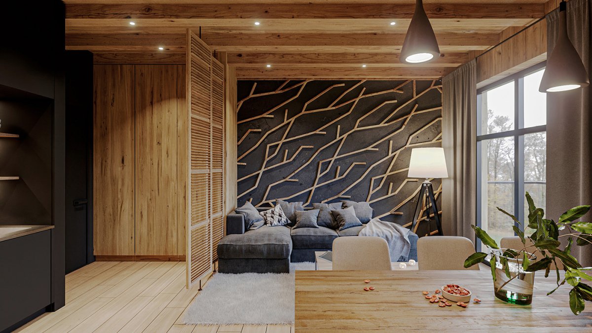 Интерьер комнаты отделанной имитацией бруса