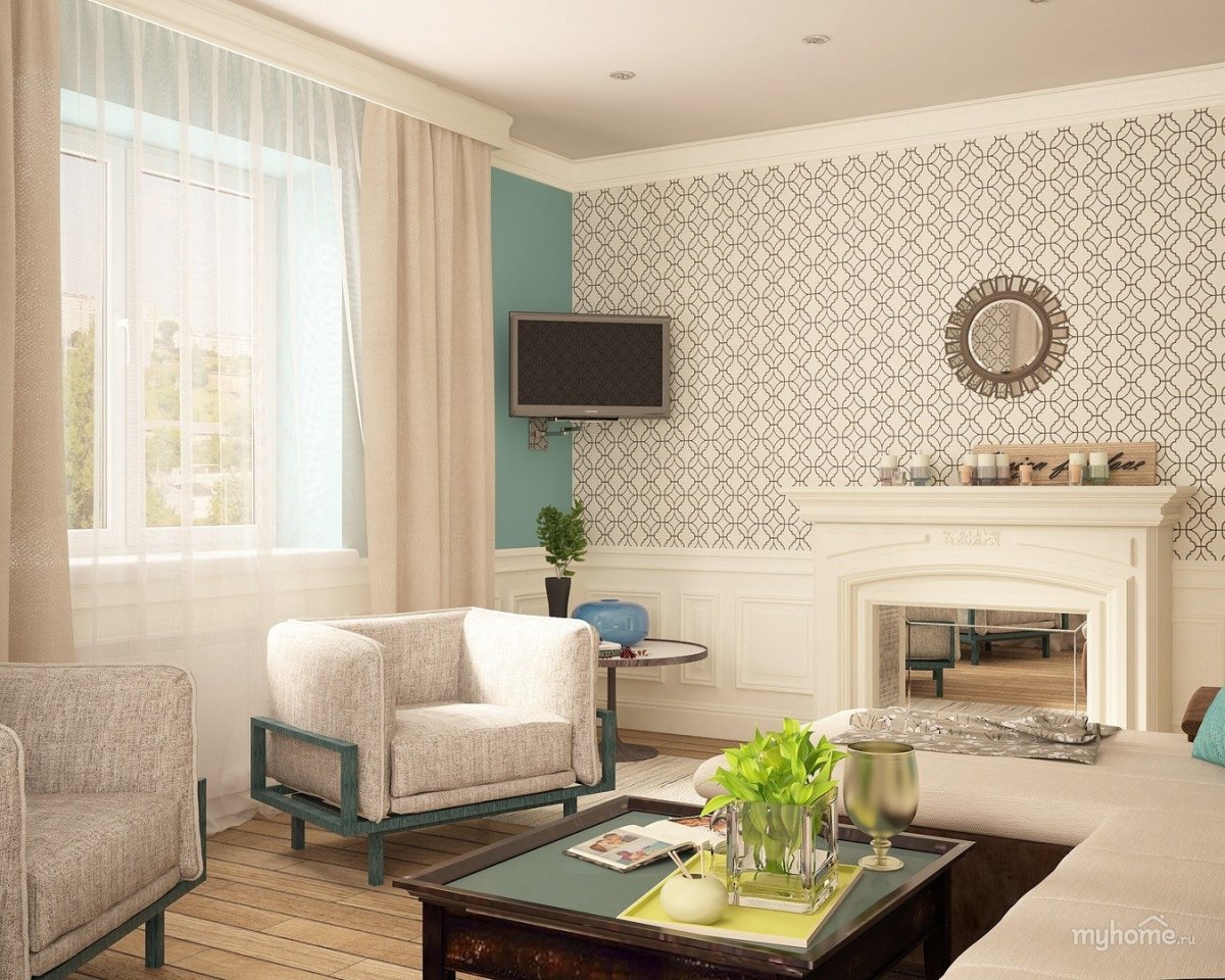 Акцентная стена в гостиной с вензелями