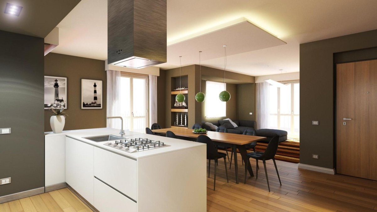 Проходная кухня гостиная