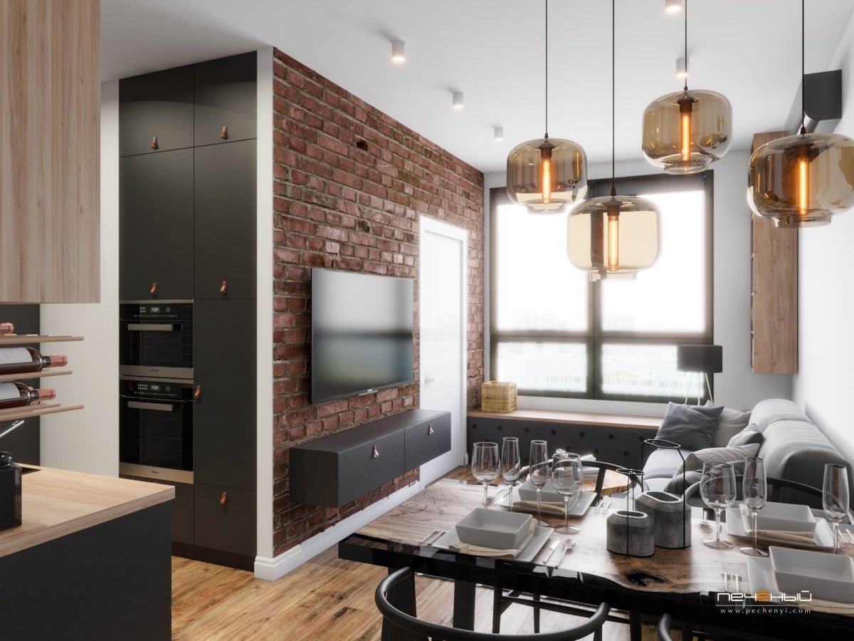 Кухня с гостинной 30кв м лофт