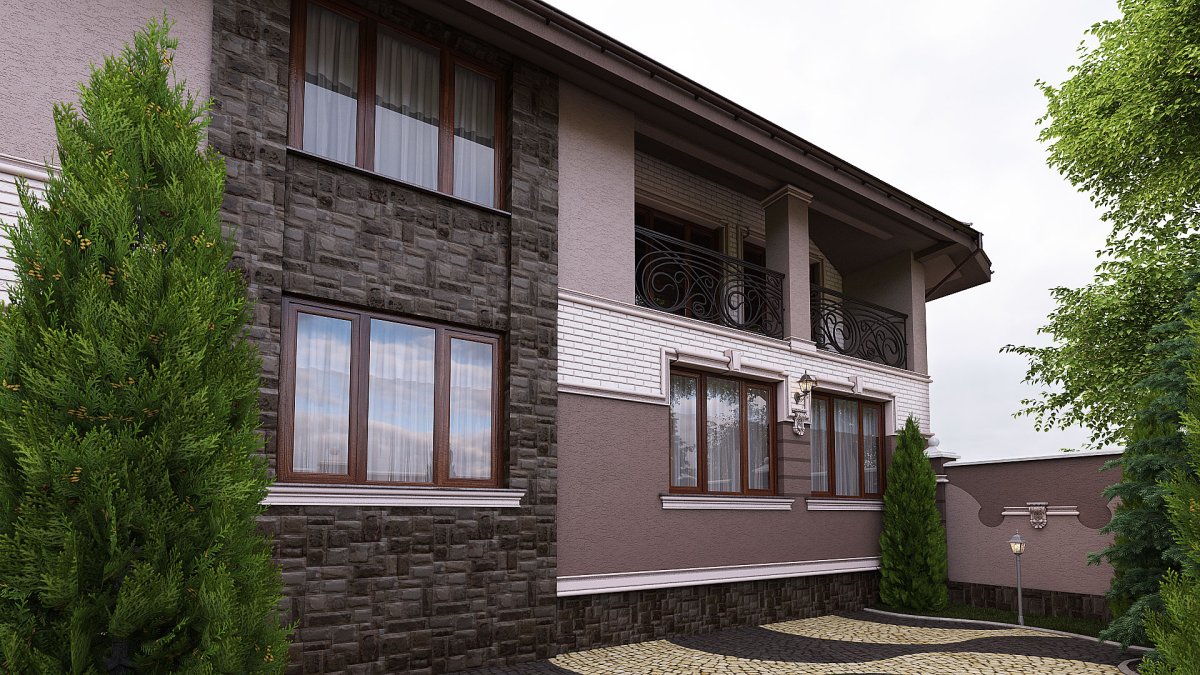 Отделка фасада камнем и штукатуркой