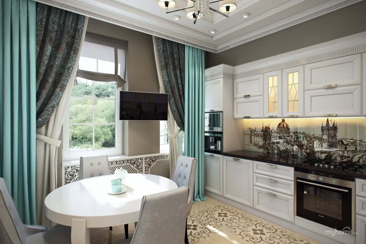 Бирюзовые шторы на кухне