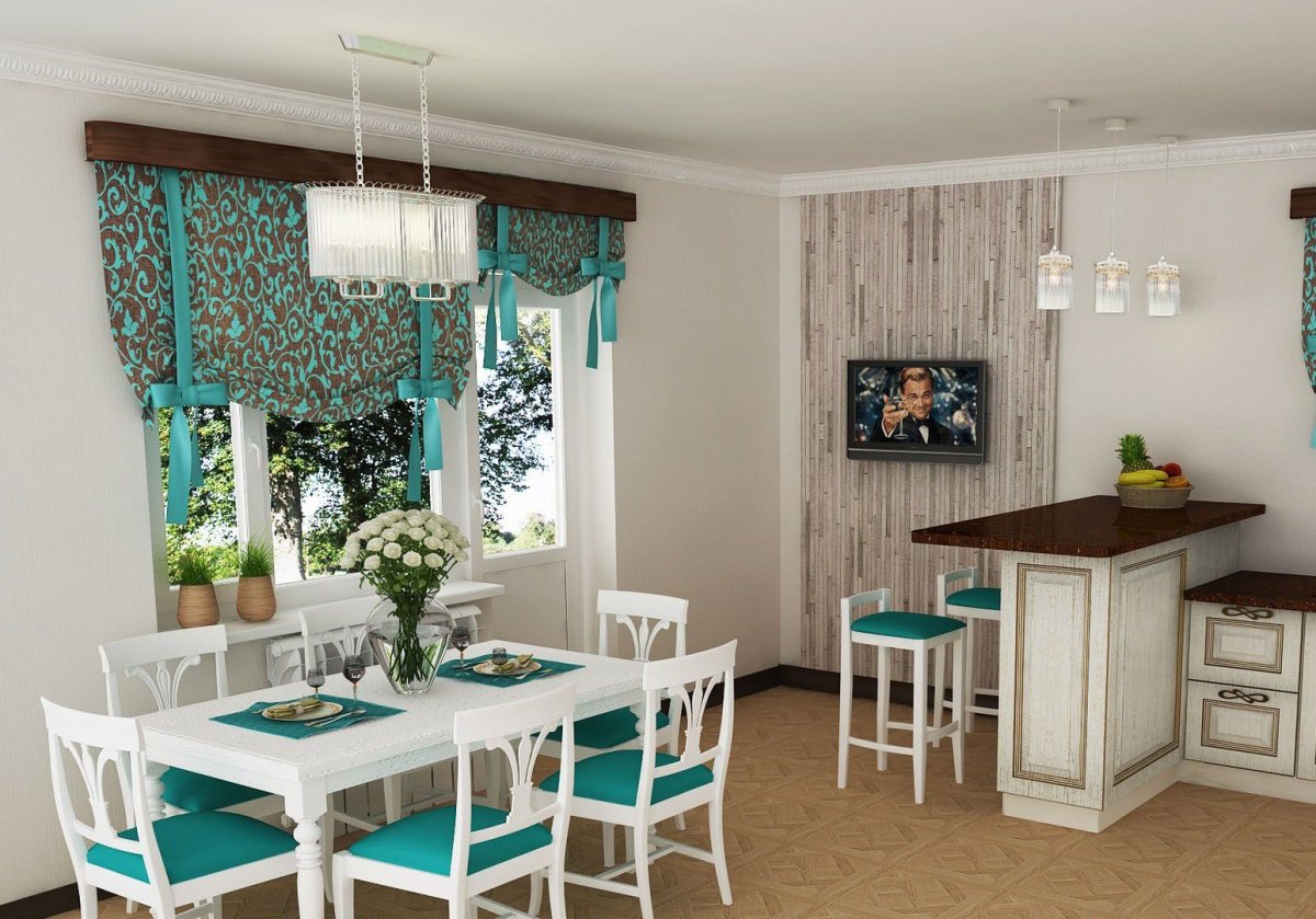 Интерьер бежевый с бирюзовым