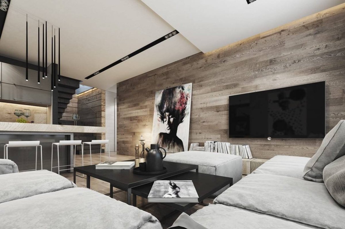 Бетон и дерево в интерьере гостиной