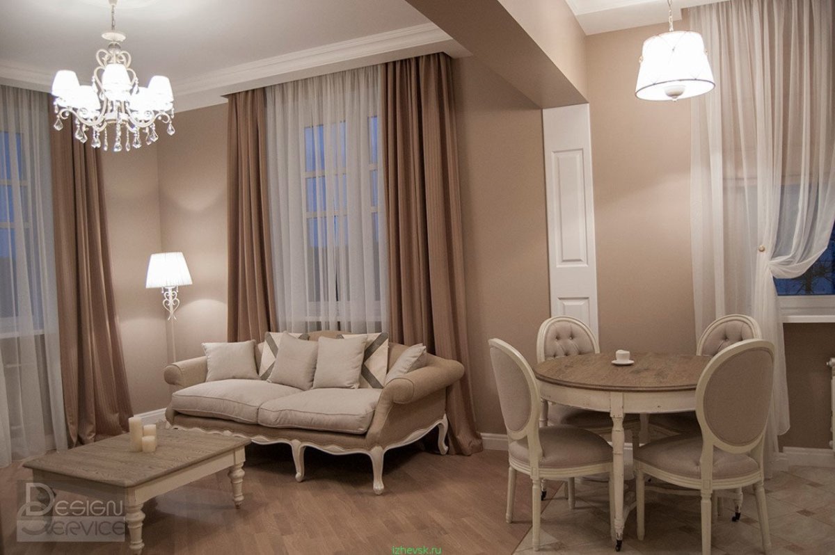 Шторы для гостиной в современном классическом стиле в светлых тонах
