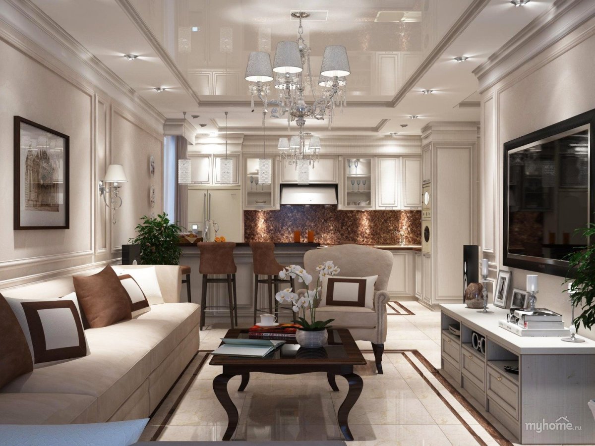 Кухня-гостиная 40 м2 в стиле Неоклассика