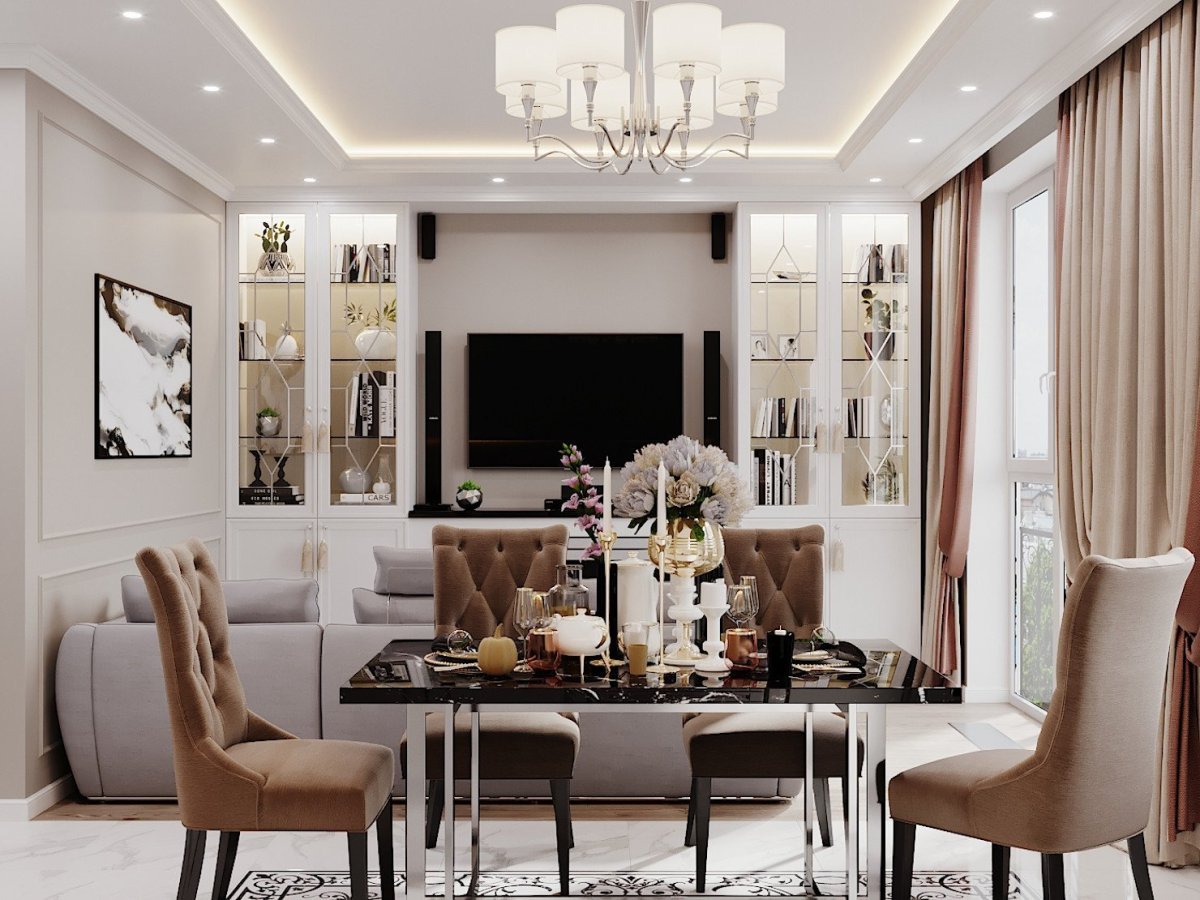 Интерьер кухни-гостиной в неоклассическом стиле