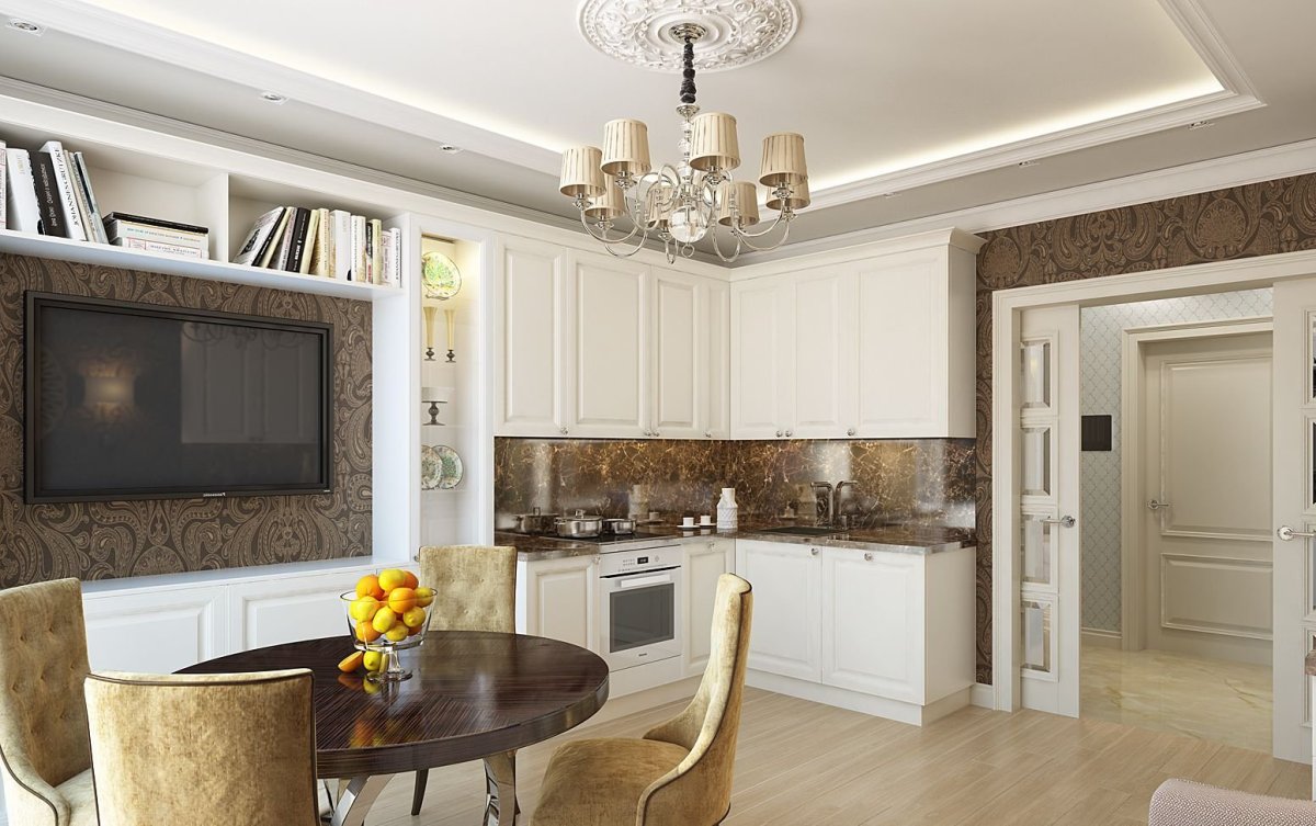 Кухня-гостиная 20 кв.м Неоклассика
