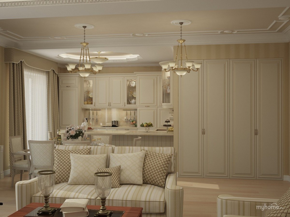 Кухня-гостиная в классическом стиле светлая