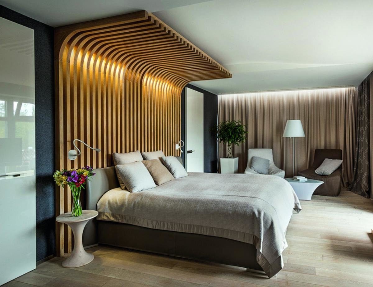 Дизайн спальни стены из дерева