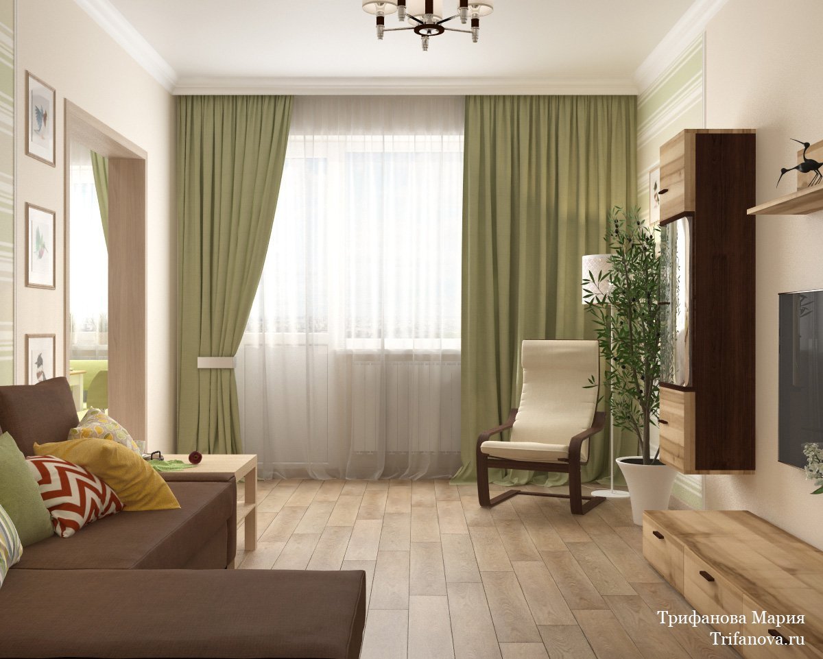 оливковый диван в интерьере в сочетании со шторами