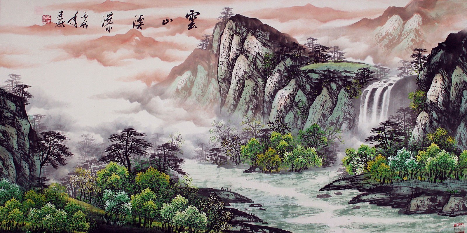Картина в китайском стиле с изображением китайской деревни.