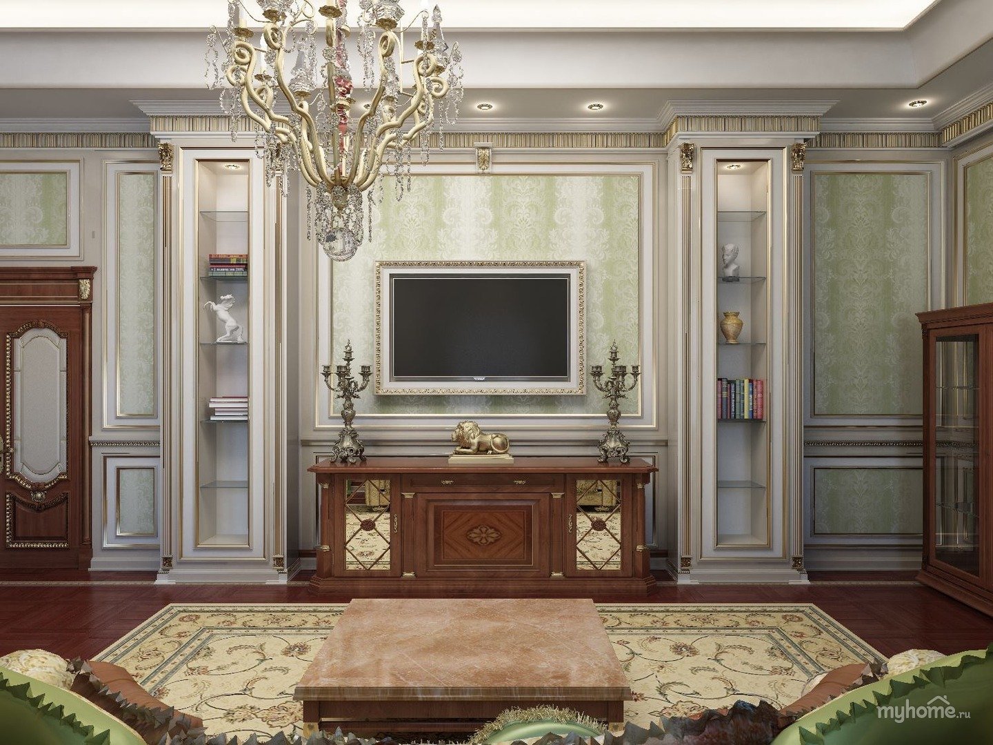 телевизор в гостиной в классическом стиле