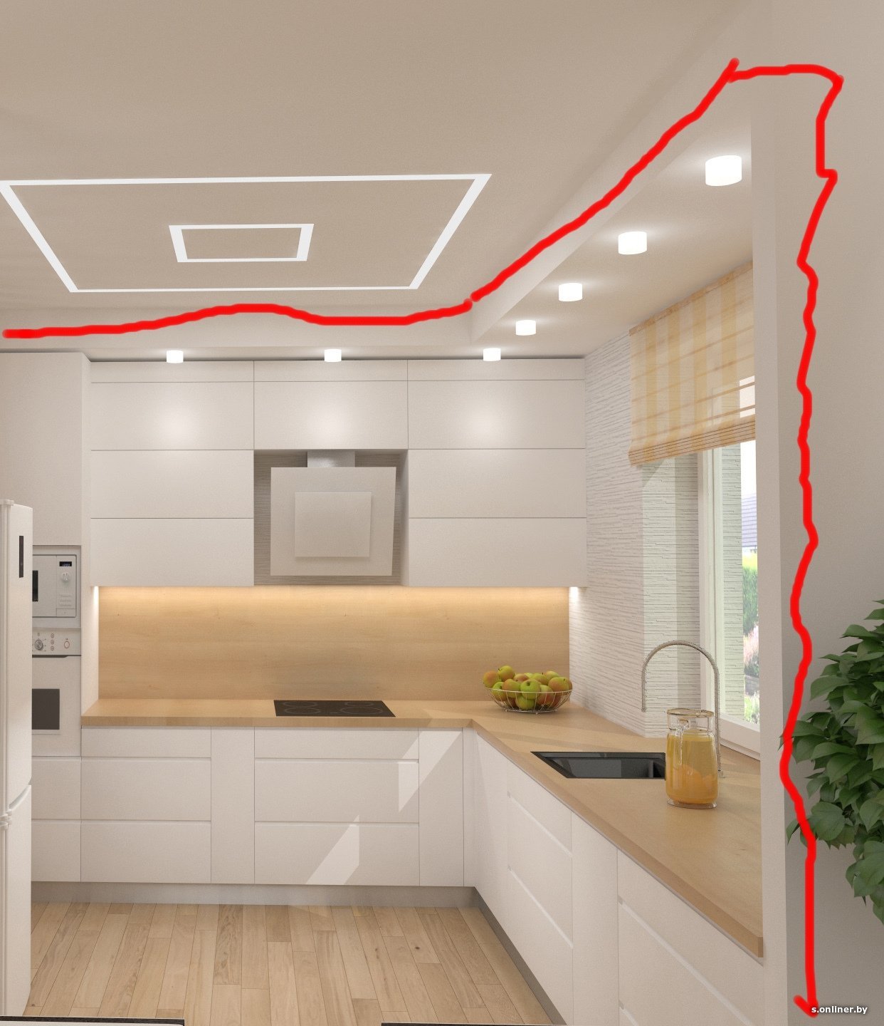 натяжной потолок с коробом на кухне