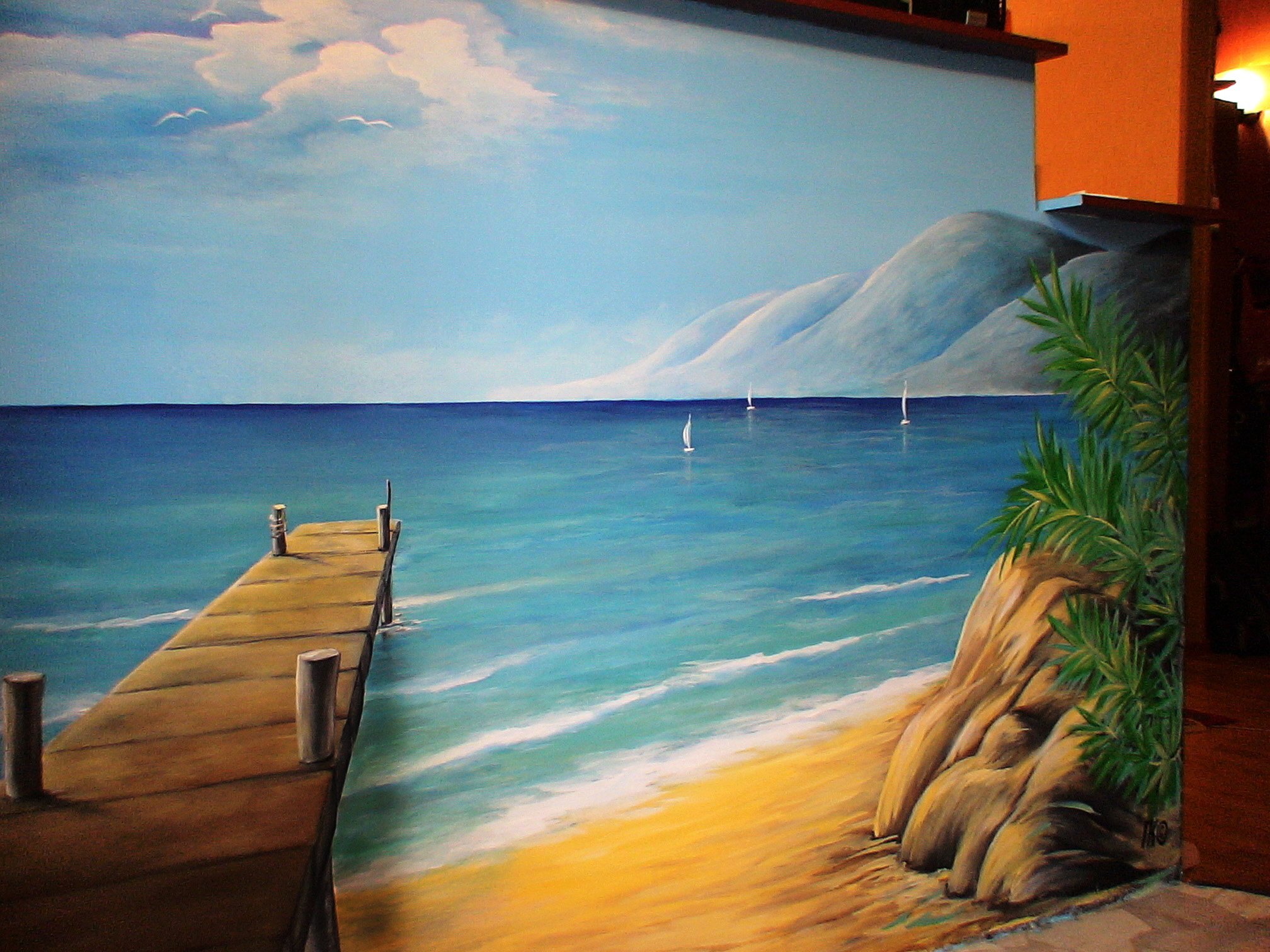 Красивые рисунки моря. Пейзаж на стене. Живопись на стене. Роспись стен пейзаж. Морской пейзаж.