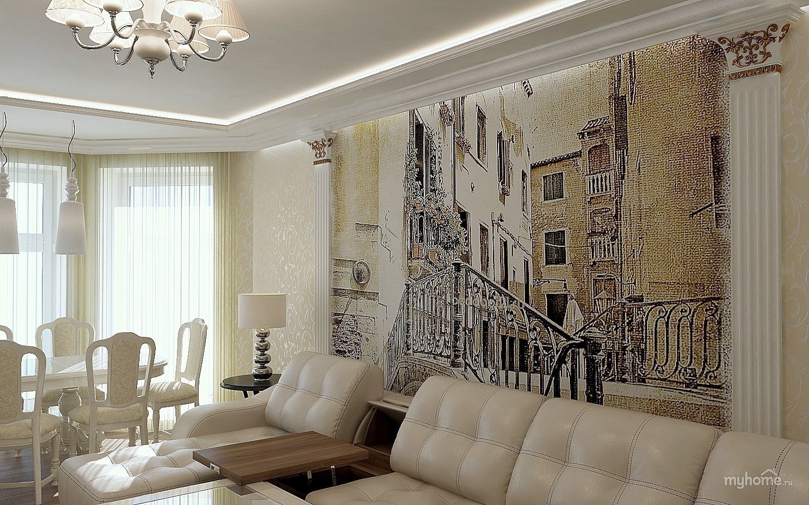 Фрески на стену в интерьере гостиной - 67 фото