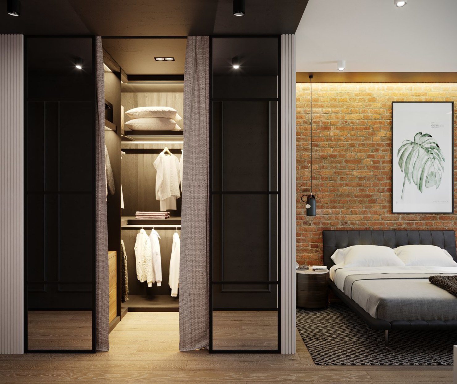 дизайн однокомнатной квартиры с гардеробной и кроватью