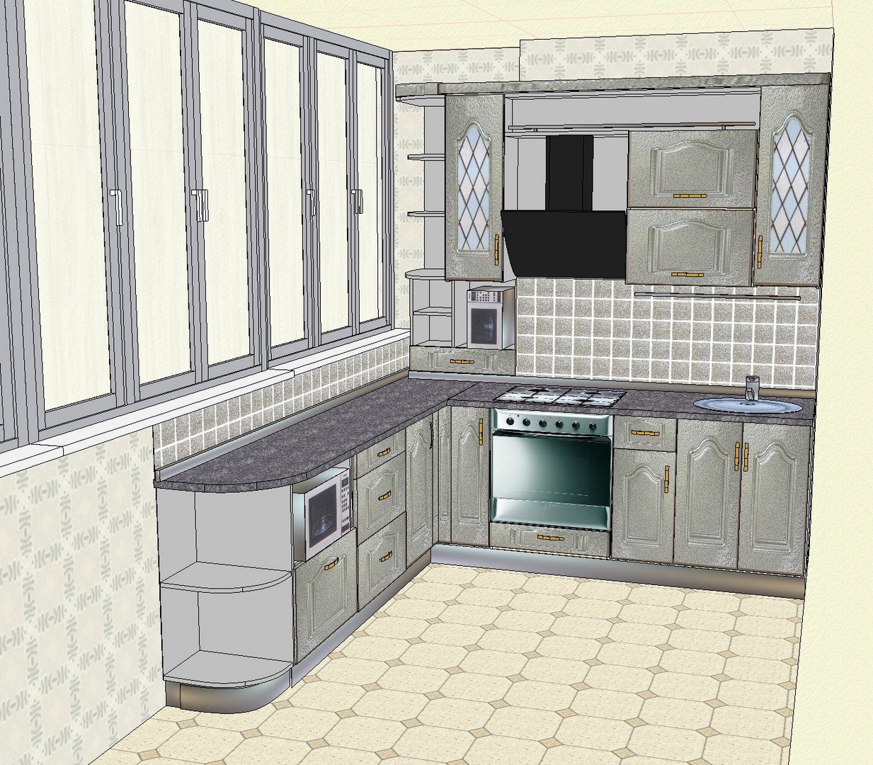кухни с выступом вентиляционного короба справа при входе
