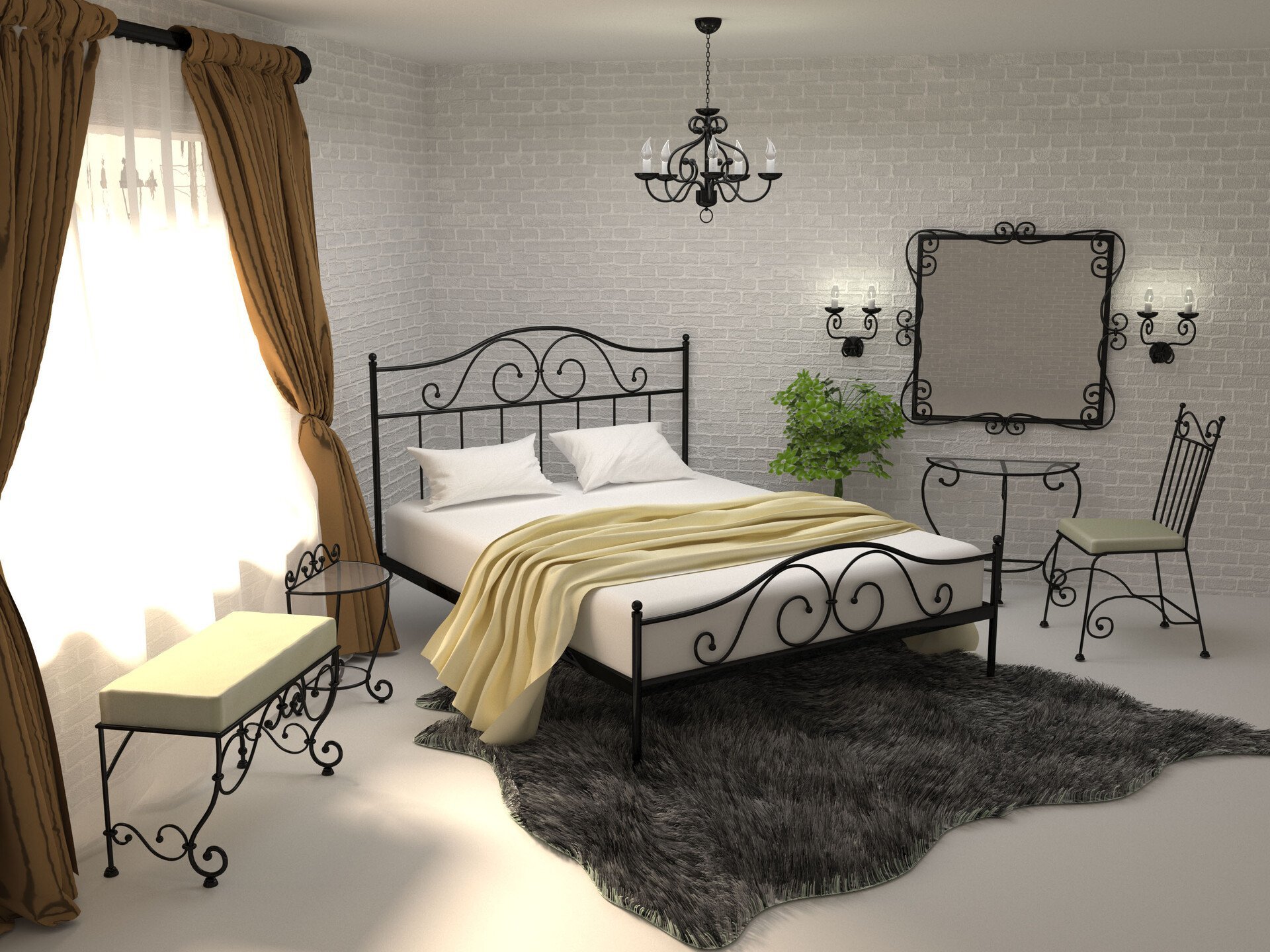 Кованная кровать в интерьере спальни