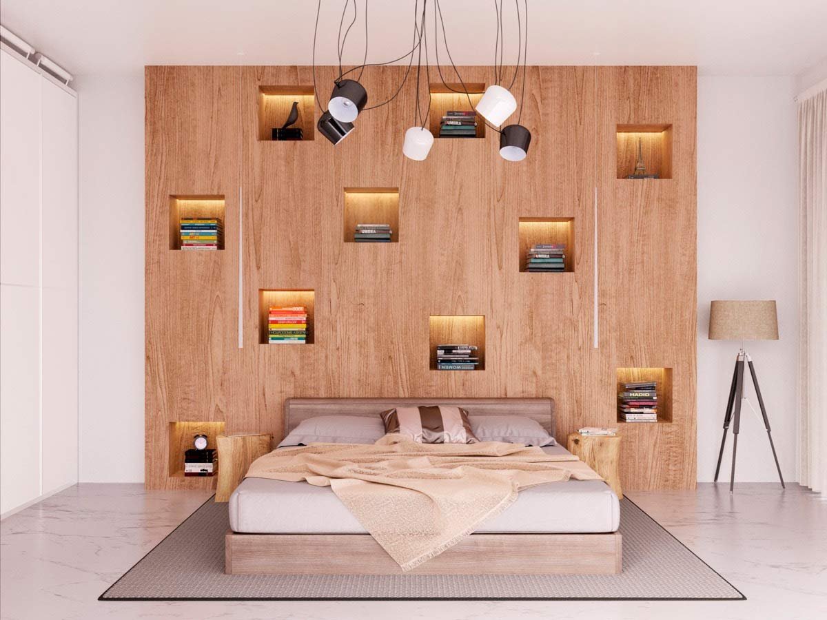 деревянная стена в изголовье кровати
