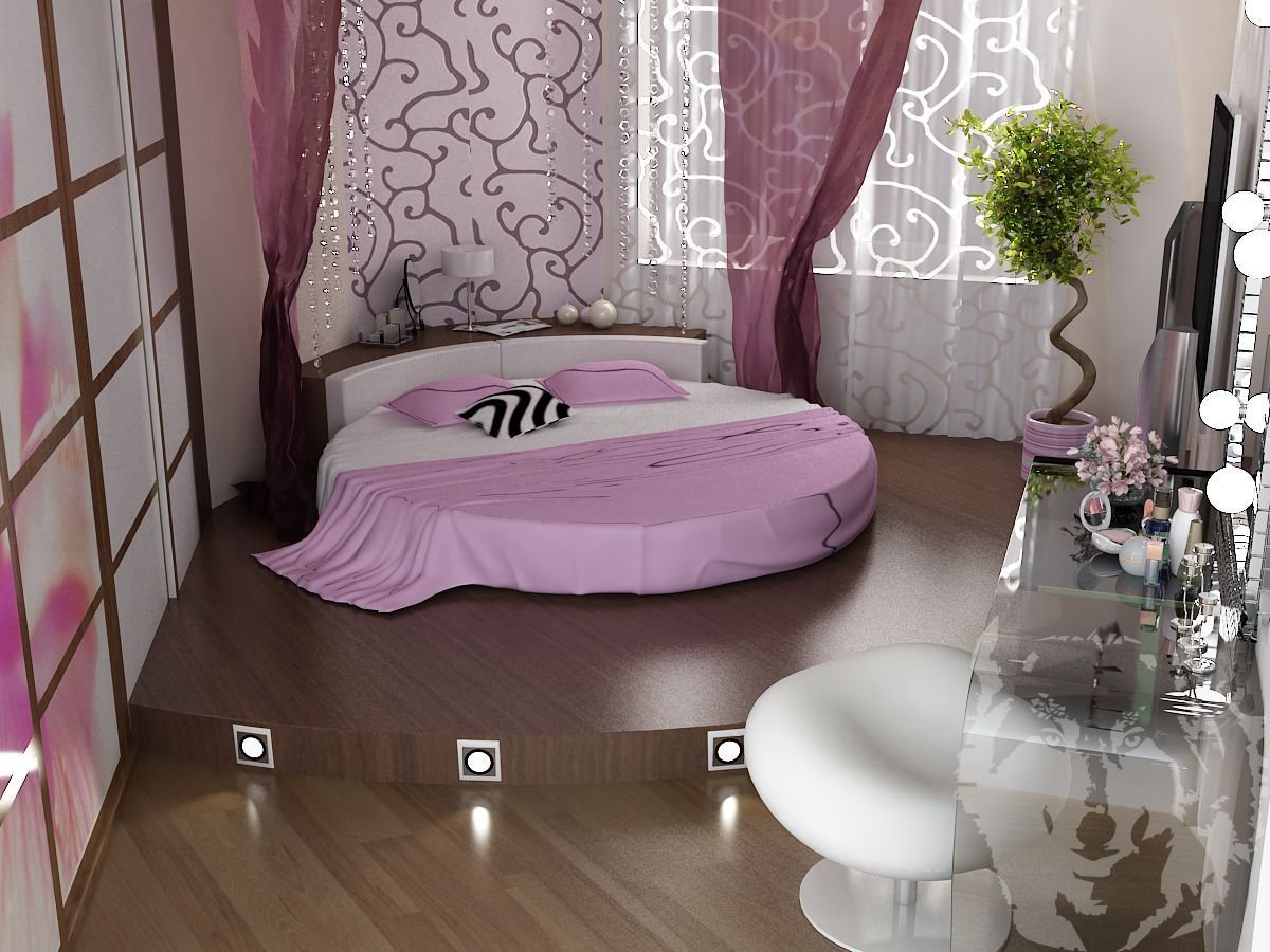 Круглая кровать на подиуме в интерьере