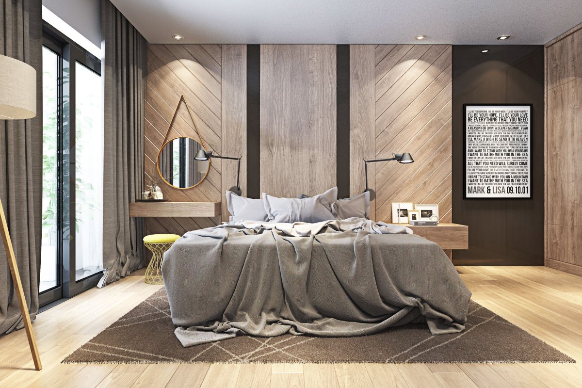 Спальня с рейками на стене