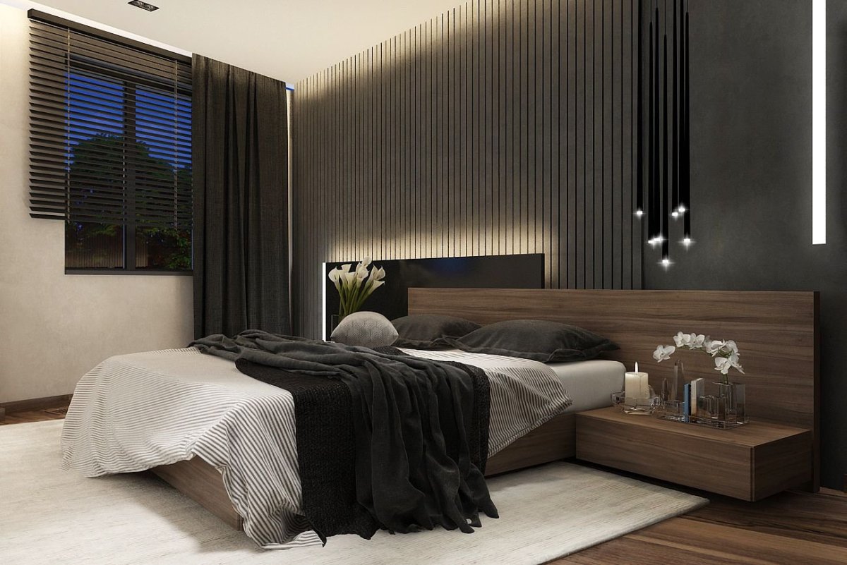 Деревянные рейки в спальне